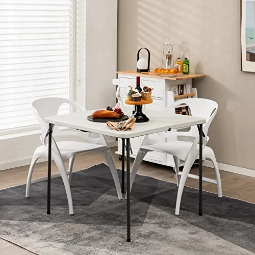 Goplus 34" Square Folding Card Table, Foldable Plastic Folding Tables, Portable Fold Up Table W/Handle, White Indoor Outdoor Utility Bi-Folding Commercial Table For Picnic, Party, Dining, Camping, BBQ - Image 2