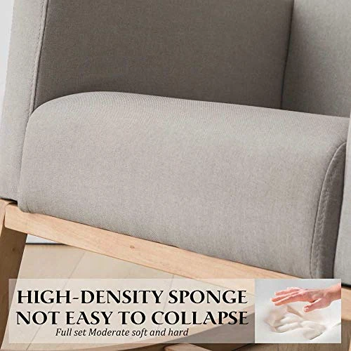 Paddie Rocking Chair Nursery Fabric Rocking Sofa Armchair With Solid Wood Base, Side Pocket, Linen Fabric Upholstered Baby Rocking Chair For Living Room (Beige) - Image 4