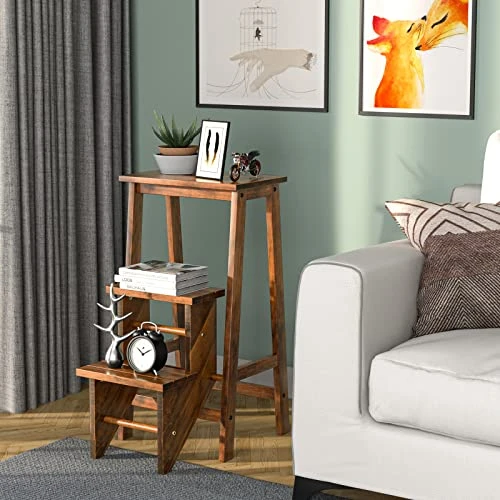 Giantex 3 Tier Folding Step Stool, Multifunction 3-in-1 Wood Step Stool, Portable Seat Display And Storage Shelf For Library, Home Kitchen (Light Walnut) - Image 2