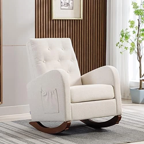 Rocking Chair Modern,Upholstered Glider Rocker Chair For Nursery,Comfy Armchair With Side Pocket For Living Room (White) - Image 8