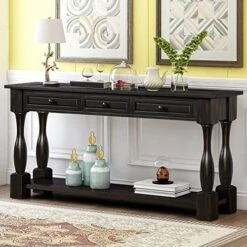 Rockjame Console Table, 64" Long Sofa Table Entryway Table With Storage Drawers And Shelf, Console Tables For Living Room, Entryway, Hallway (Distressed Black)
