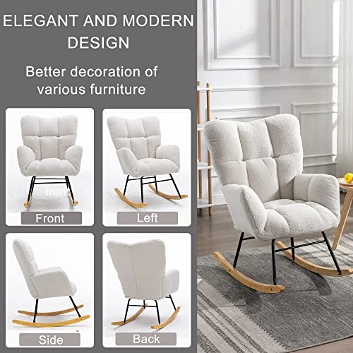 Krinana Teddy Fabric Nursery Rocking Chair, Rocker Armchair With Solid Wood Legs, Glider Chair Nursery With High Backrest For Living Room Apartment (Teddy Fabric, Ivory White) - Image 4