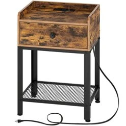 Rolanstar Nightstand With Charging Station And USB Ports, Rustic End Table With Drawer And Metal Shelf For Bedroom, Living Room, Rustic Brown