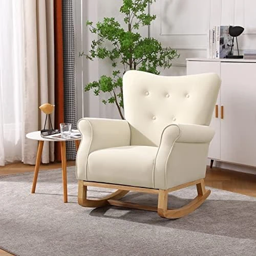 WIILAYOK Nursery Rocking Chair, Velvet Glider Rocker With Solid Wood Base And High Backrest For Baby Nursery, Comfy Rocking Recliner Armchair For Breastfeeding And Rocking Baby To Sleep (Beige) - Image 7
