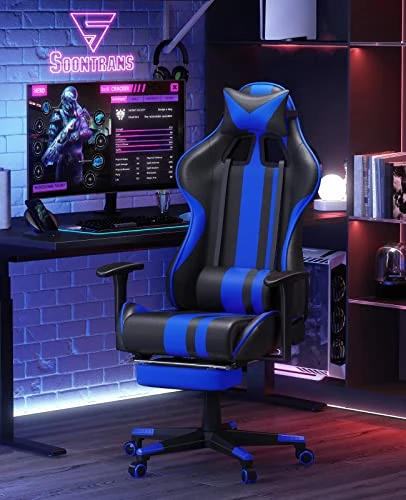 Soontrans Blue Gaming Chair With Footrest, Leather Ergonomic Gaming Chairs For Adults With Massage Lumbar Support & Headrest For Office Work, Height Adjustable Gamer Chair, Comfortable Computer Chair - Image 2