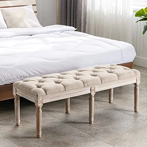 Chairus Fabric Upholstered Entryway Ottoman Bench - Classic Bedroom Bench With Rustic Wood Legs - Beige - Image 2