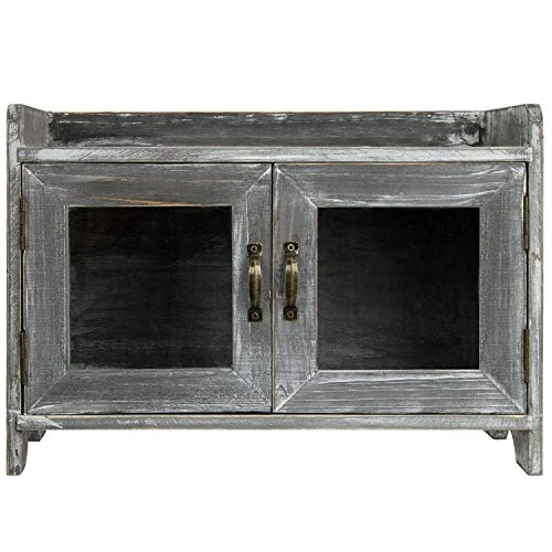 MyGift Rustic Gray Whitewashed Wood Kitchen/Bathroom Counter Top Storage Cabinet With Glass Windows - Image 5