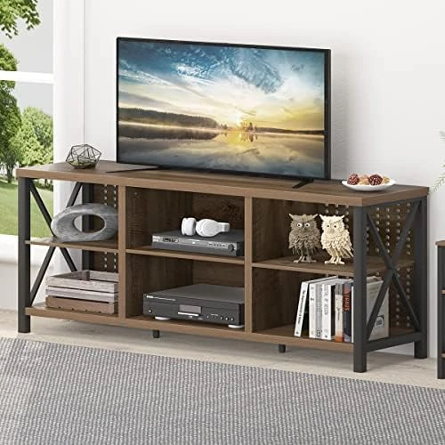 LVB Rustic Entertainment Center For 65 Inch TV, Industrial Wood And Metal TV Stand With Storage Shelf, Modern Television Media Console Table With Cabinet For Living Room Bedroom, Rustic Oak, 55 Inch - Image 4