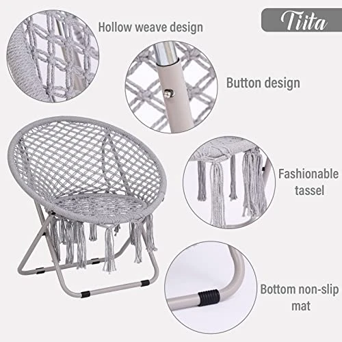 Tiita Saucer Chair, Round Cozy Chairs With Folding Metal Frame, Handmade Knitted Mesh, Comfy Moon Chair For Bedroom, Living Room Dorm Rooms, Garden And Courtyard - Image 3