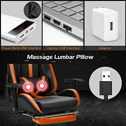 Goplus Gaming Chair, Massage Office Chair Computer Gaming Racing Chair, High Back PU Leather Adjustable Ergonomic Reclining PC Game Chair, Rolling Swivel Executive Chair With Footrest (Orange) - Image 3
