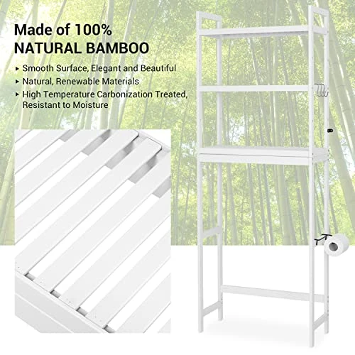 Ohuhu Over The Toilet Storage, Bamboo 3-Tier Over Toilet Bathroom Organizer, Adjustable Shelf Above Toilet With Paper Holder And 3 Hooks, Space Saver Toilet Stand Rack For Restroom Laundry, White - Image 3