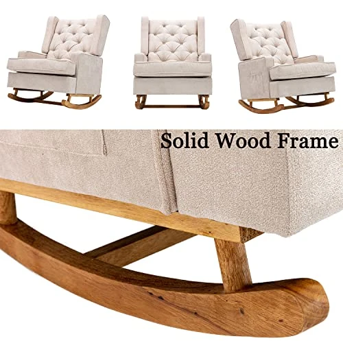 Dolonm Nursery Rocking Chair Upholstered Mid Century Modern Rocker Oversized Wingback Armchair For Living Room With Solid Wood Base (Beige) - Image 6