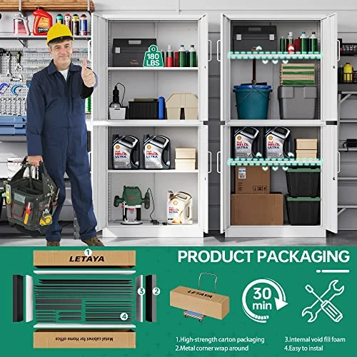 Letaya Metal Storage Cabinet, 2 Adjustable Shelves Lockable Door, Steel Locker For Office, Home,Pantry,Garage Utility Cabinet (White)… - Image 3