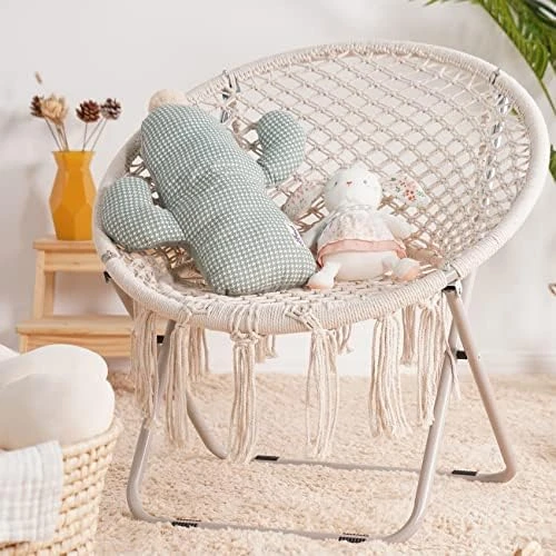 PASAMIC Saucer Chair With Folding Metal Frame, 100% Cotton Handmade Cozy Chairs, Exquisite Moon Chair For Bedroom, Living Room Décor Green - Image 5