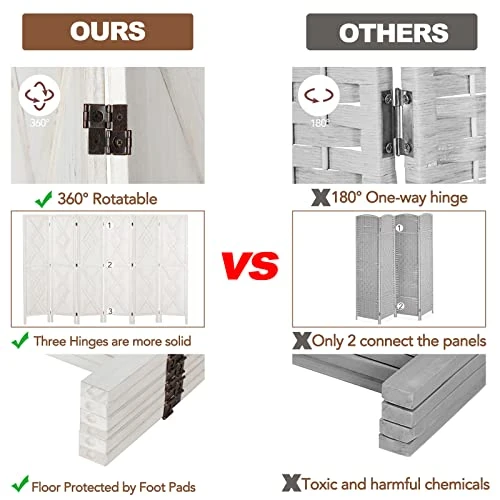 Wnutrees 6 Panel Wood Room Divider,Rustic Folding Privacy Screens Room Divider, Farmhouse Freestanding Partition Wall Dividers Screen,Temporary Wall For Home Restaurant Bedroom (White) - Image 4