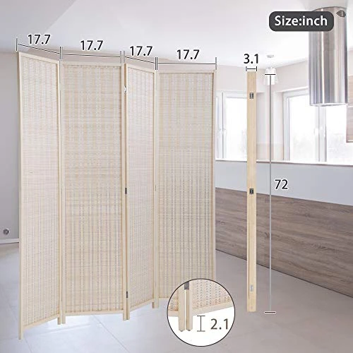 Room Divider Privacy Screen Folding 4 Panel 72 Inches High Portable Room Seperating Divider, Handwork Bamboo Mesh Woven Design Room Divider Wall, Room Partitions And Dividers Freestanding, Natural - Image 7