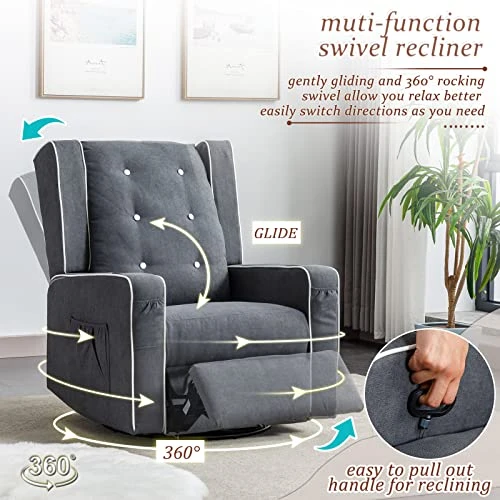 Oprisen Swivel Rocking Recliner Chair Overstuffed Wingback Glider Chair For Nursery, Manual Swivel Recliner With Side Pockets Cup Holders (Blue Gray) - Image 3