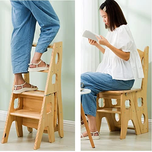 Footstool, Folding 4 Steps Stools Kitchen Wooden Ladders Small Foot Stools Wood Portable Ladders Stool Indoor Stepladder Shoe Bench/Flower Rack Stairs Chair - Image 4