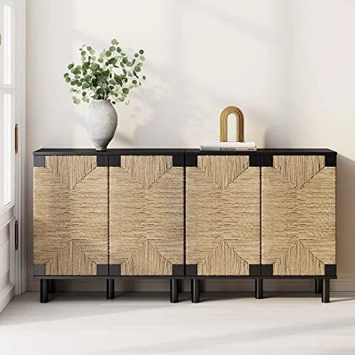 Nathan James Kova Accent Natural Storage Cabinet Sideboard Wood And Rattan With Matte Metal Frame, Adjustable Interior Shelves And Cane Doors, For Hallway, Entryway Or Living Room, Light Oak/Black - Image 11