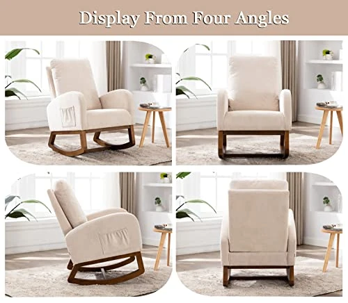 SmartDer Comfy Rocking Chair Nursery, Padded Rocking Chair With A Pocket, Accent Armchair With High Backrest And Solid Wood Base, Modern Lounge Living Room Chair For Nursery, Beige-Smooth Backrest - Image 3