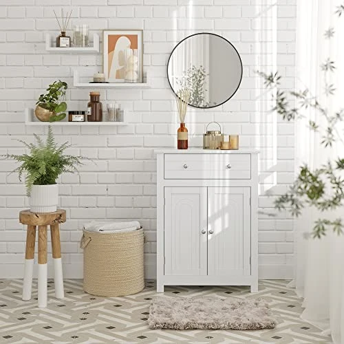 VASAGLE Bathroom Storage Cabinet Free Standing, With Drawer And Adjustable Shelf, Kitchen Cupboard, Wooden Entryway Storage Cabinet, 23.6 X 11.8 X 31.5 Inches, White UBBC61WT - Image 2