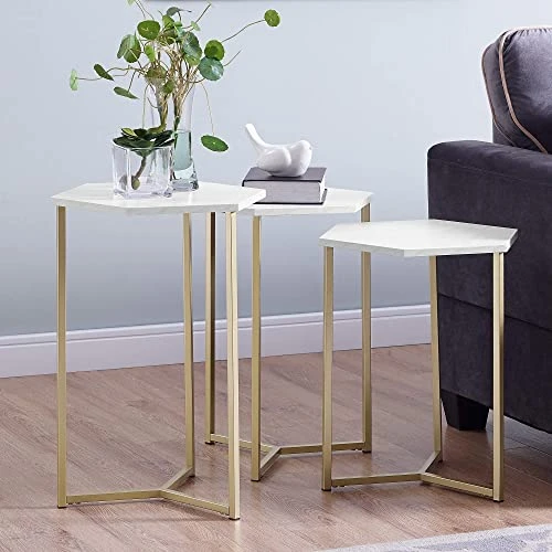 Walker Edison Modern Hexagon Nesting Side End Table Set Living Room Storage Small End Table, Set Of 3, Marble And Gold - Image 4