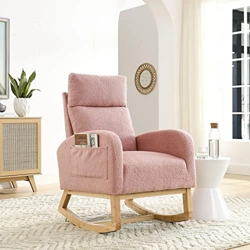JEEOHEY Nursery Rocking Chair, Modern Upholstered Teddy Fabric Rocker Glider Chairs Single Sofa Chair With Solid Wood Legs, Side Pockets, White - Image 10