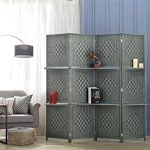 MyGift 6-Foot Gray Bamboo Woven 4-Panel Room Divider With 2 Shelves - Image 2