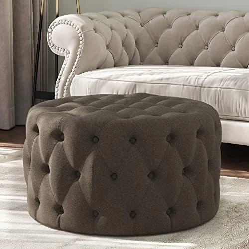 BELLEZE Modern 29 Inch Luxury Button Tufted Ottoman Bench, Upholstered Linen Fabric Footrest Decor For Living Room, Entryway, Or Bedroom - Elenor (Chocolate) - Image 8