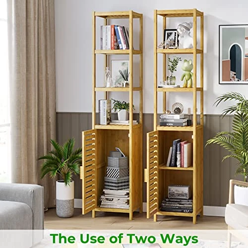 VIAGDO Bathroom Storage Cabinet, Tall Slim Cabinet With Shutter Door And 3 Tier Shelves, Freestanding Linen Tower Cabinet For Living Room, Kitchen, Bathroom Organizer, Natural Bamboo - Image 7