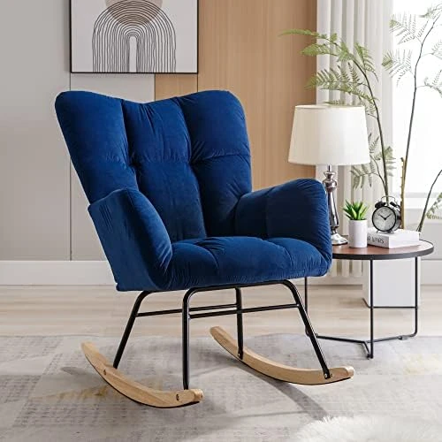 Krinana Teddy Fabric Nursery Rocking Chair, Rocker Armchair With Solid Wood Legs, Glider Chair Nursery With High Backrest For Living Room Apartment (Teddy Fabric,Green) - Image 13