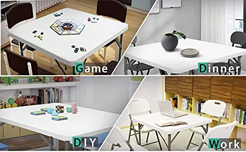 5566 34 Inch Square Plastic Folding Table, Indoor Outdoor Card Playing And Game Puzzles Crafting Dining Table, For Picnic, Party, Camping, BBQ, Granite White. - Image 4