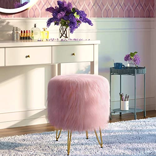 GREENSTELL Vanity Stool Chair With Storage, 15.75" W X 19.29" H Round Faux Fur Ottoman With 4 Metal Legs, Furry Padded Seat, Modern Multifunctional Makeup Stool For Bedroom Living Room Pink - Image 2