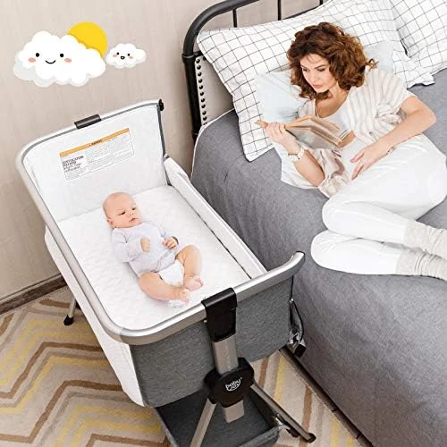 BABY JOY Bedside Bassinet, Portable Baby Crib W/Mattress, Two-Side Breathable Mesh, 7 Height Adjustable, Large Storage, Wheels For Easy Movement, Crib For Newborn Infant, Bassinet For Baby, Grey - Image 6