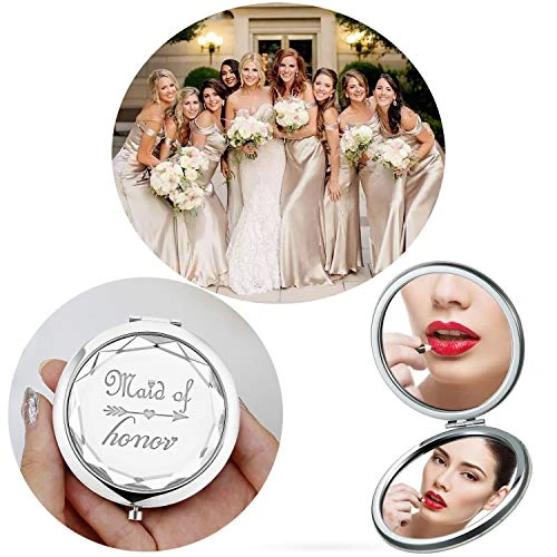 2 Pack Bridesmaid Proposal Gifts,1 Maid Of Honor Mirror 1 Matron Of Honor Mirror,Crystal Pocket Compact Makeup Mirror Wedding Bridesmaid Gifts Bachelorette Party Gifts For Bride (silver) - Image 6