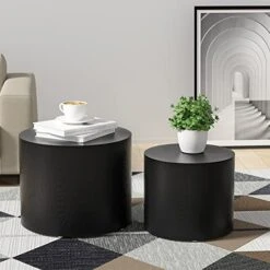 WILLIAMSPACE Nesting Coffee Table Set Of 2, Black Round Wooden Coffee Tables Modern Circle Table For Small Space Living Room Bedroom Accent End Side Table (Black-Round)