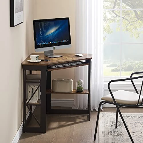 VECELO Corner Computer Desk 41 X 30 Inches, Antique Brown & Modern Versatile Nightstands X-Design Side End Table Night Stand Storage Shelf With Bin Drawer For Living Room Bedroom, Set Of 2 (Brown) - Image 2