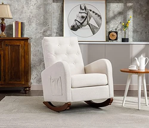 Modern Accent Rocking Chair, Upholstered Nursery Glider Rocker For Baby And Kids, Comfy Armchair With Side Pocket, Living Room Lounge Arm Chair, High Backrest With Decorative Buttons, Off White - Image 11