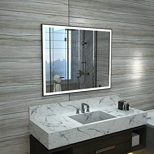 HAUSCHEN HOME 32 X 40 Inch LED Bathroom Mirror, Aluminum Frame With Wooden Effect, Wall Mounted Dimmable Vanity Mirror, Anti-Fog, 3-Color Warm/Natural/White Light, Horizonal & Vertical - Image 5