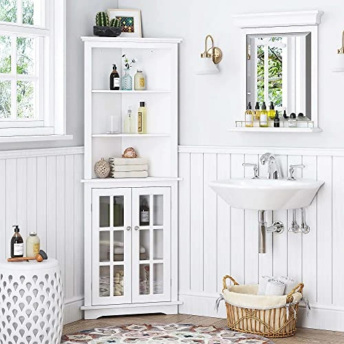 Spirich Home Bathroom Tall Corner Storage Cabinet, Floor Slim Display Storage Cabinet With Windowpane Glass Doors And Adjustable Shelves For Bathroom, Kitchen, Living Room Or Bedroom, White