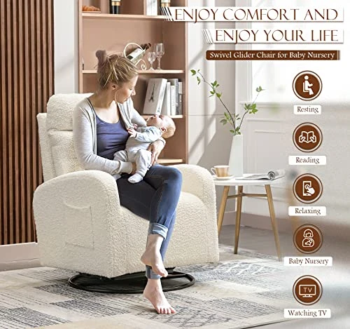KINFFICT Modern Swivel Glider Chair, Upholstered Accent Glider Rocker For Baby Nursery, Comfy Tall Back Rocking Armchair With Side Pocket And Headrest For Living Room, Bedroom, White Teddy Fabric - Image 5