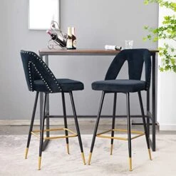 Polibi Modern Bar Chairs Set Of 2, Contemporary Velvet Upholstered Bar Stools Tool & Counter Stools With Nailheads And Gold Tipped Black Metal Legs, Black Leisure Style Bar Chairs