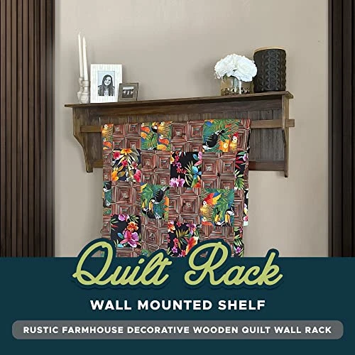 RELODECOR Hanging Quilt Rack With Shelf, Solid Pine Wall Mounted Quilt Shelf With Quilt Rod, Rustic Farmhouse Decorative Wooden Quilt Display Wall Rack For Hanging Quilts And Blankets For Bedroom - Image 3