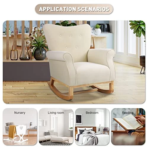WIILAYOK Nursery Rocking Chair, Velvet Glider Rocker With Solid Wood Base And High Backrest For Baby Nursery, Comfy Rocking Recliner Armchair For Breastfeeding And Rocking Baby To Sleep (Beige) - Image 6
