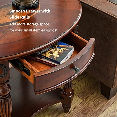 LEEMTORIG Solid Wood End Table With Drawer, Oval Round Bed Side Table Nightstand With Pattern Desktop For Living Room Bedroom, Cherry Walnut CJZ-1533-WD-DR - Image 2