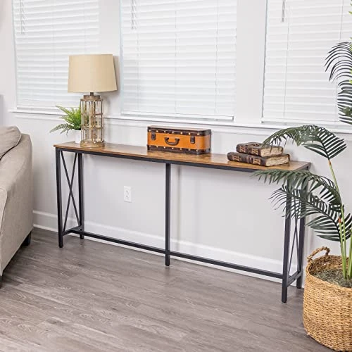 SUPERJARE 70.9 Inch Console Table, Extra Long Entryway Table With Metal Frame And X-Shaped Design, Narrow Sofa Table For Living Room And Hallway - Rustic Brown - Image 4