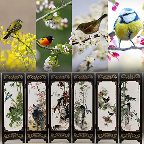 Bantlou Mini Folding Screen Small Chinese Dividers Japanese Decor Folding Screen Desktop Asian Decoration Gift For Home Office New Year 18.5‘’×9.5’’(Bird And Flowers) - Image 2
