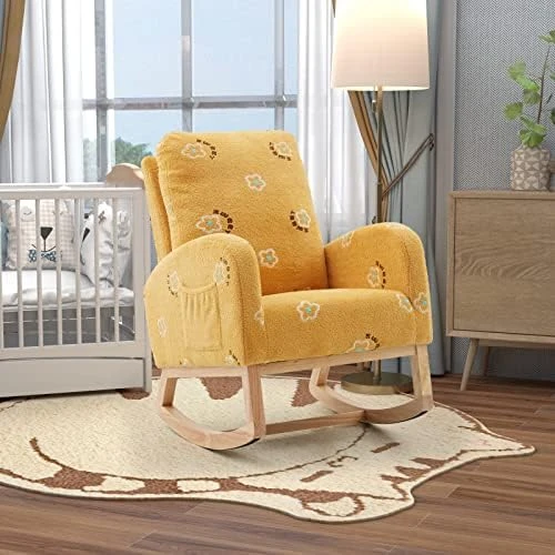 Goujxcy Modern Rocking Chair For Nursery, Mid Century Accent Rocker Armchair With Side Pocket, Upholstered High Back Wooden Rocking Chair For Living Room Baby Room Bedroom (Yellow) - Image 10