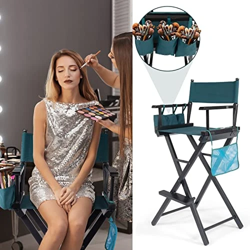 Tall Director Artist Makeup Chair - Solid Hardwood And Polyester Folding Makeup Chair With Portable Storage Side Bags And Bottle Rack - 250 Lbs Capacity Collapsible Chair With Footrest - Dark Green - Image 7