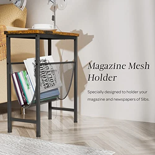 Tangkula Narrow Side Table, End Table With Magazine Holder, 19.5 X 10 X 24 Inch, Wood Look & Black Metal Frame, Skinny Rectangle Sofa End Or Side Table For Small Spaces, Industrial Nightstand(1) - Image 5